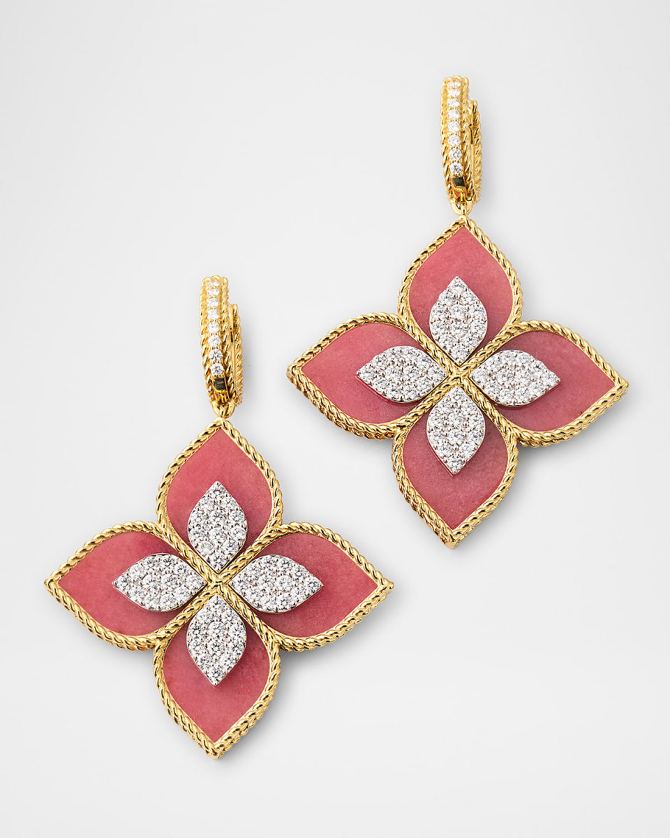 18K Yellow Gold Diamond and Rhodonite Earrings